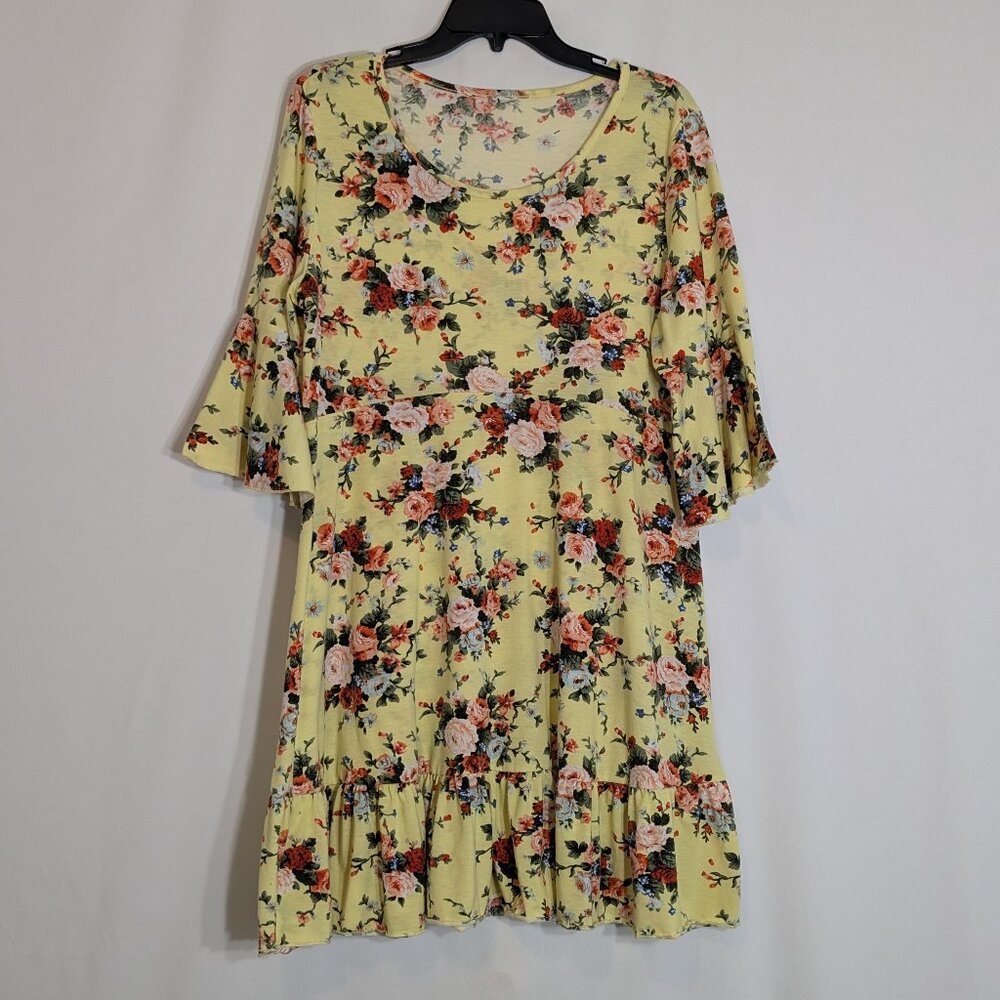 MISSUFE Yellow/Red Floral Stretch Knit Boho Short Dress; Size XL
